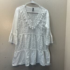 Me 2 Magic Anthropologie Boho Cottagecore Mini Tunic‎ 3/4 Sleeve Tiered Dress L
